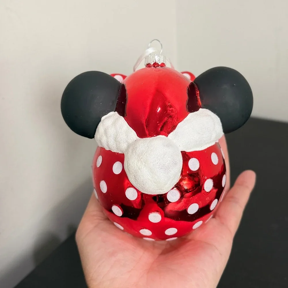 Disney Minnie Mouse Red Polka Dot Glass Christmas Ornament with Ears and Bow